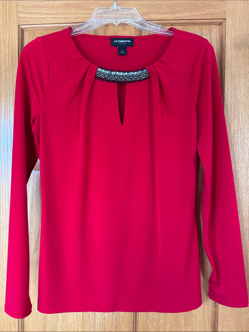 Liz Claiborne Career Bright Red Long-Sleeve Top with Jeweled Neckline, Sz S